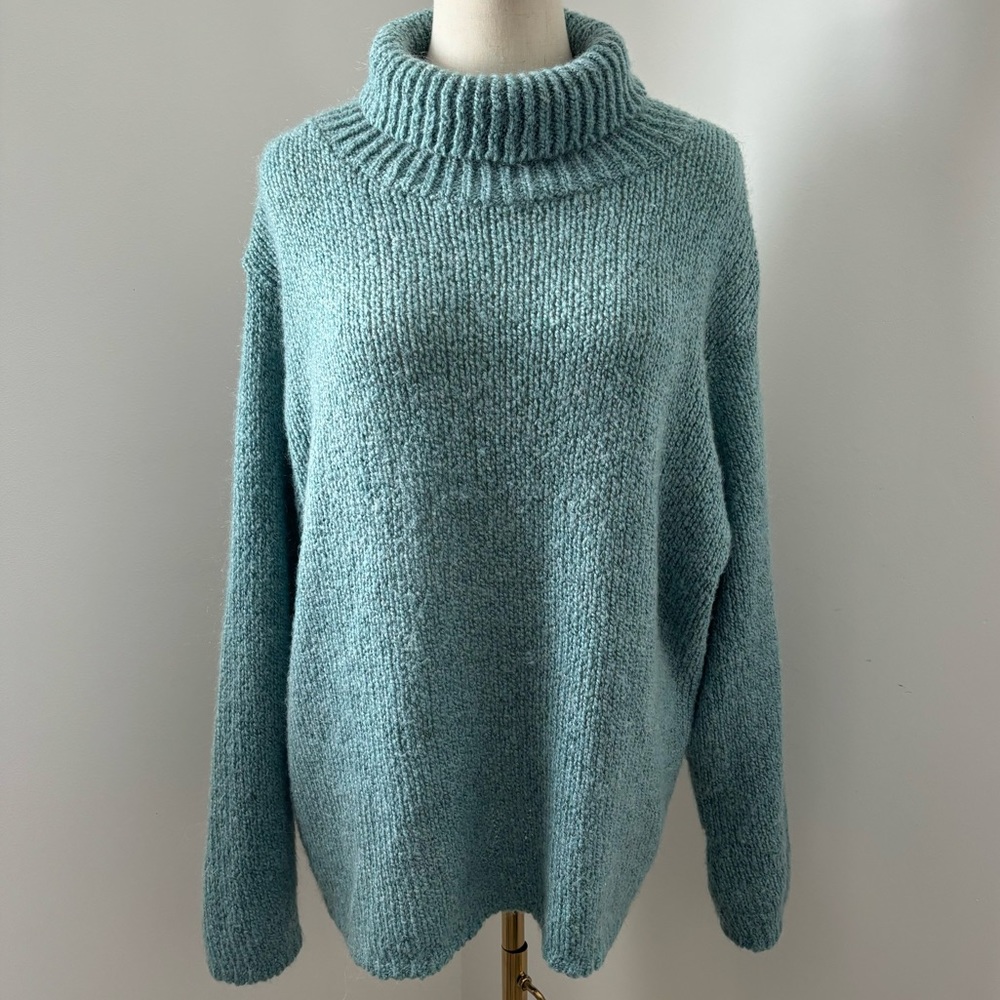 Van Heusen Light Teal Mohair Blend Turtleneck Open Knit Sweater